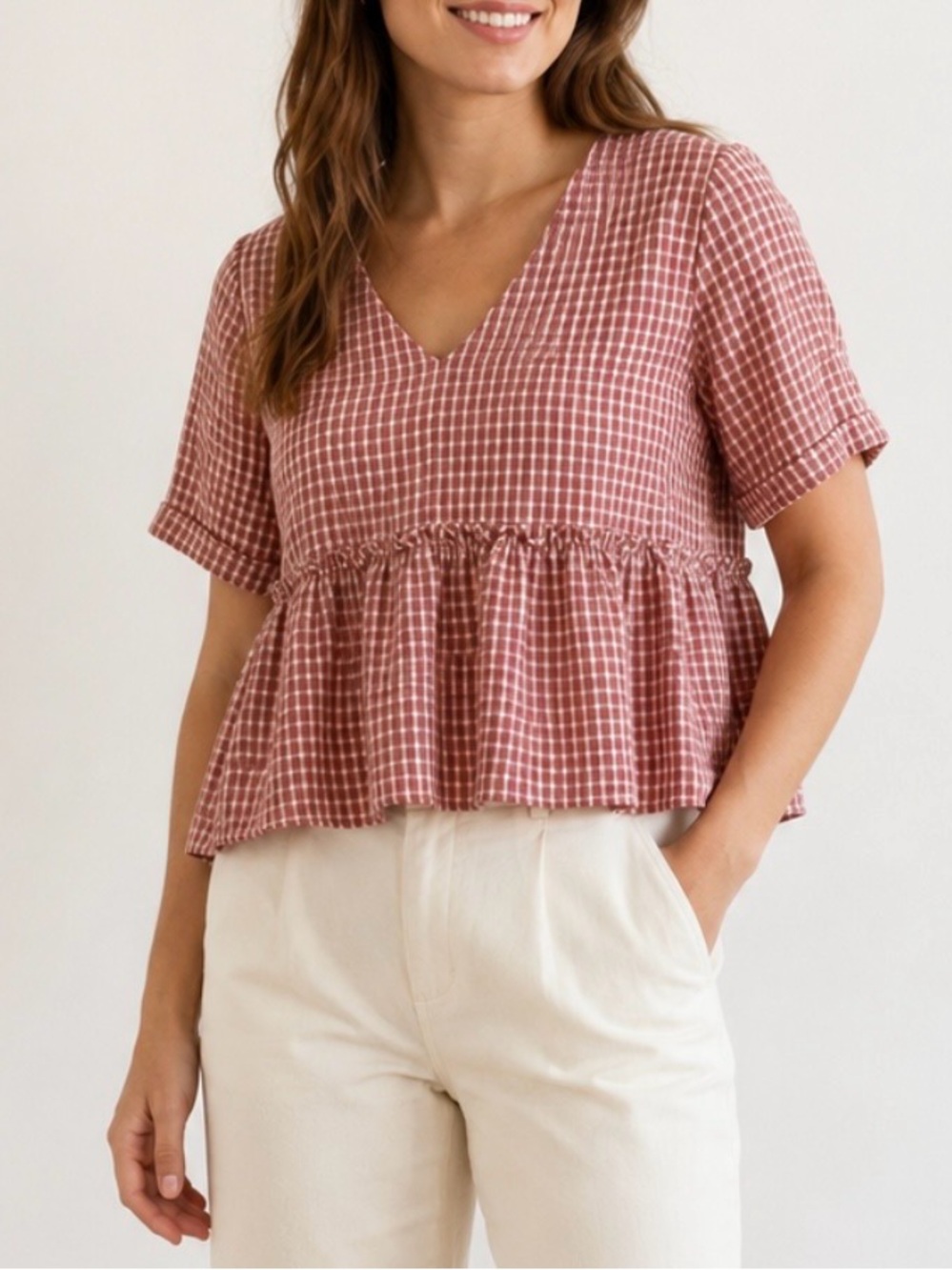 Karl Marc John Peplum Blouse Theodorine Gingham Brick Red Size 38 Cottagecore
